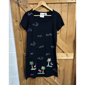 Michael Simon Vintage Embroidered Beaded Flamingo Dress Black Petite‎ Small PS